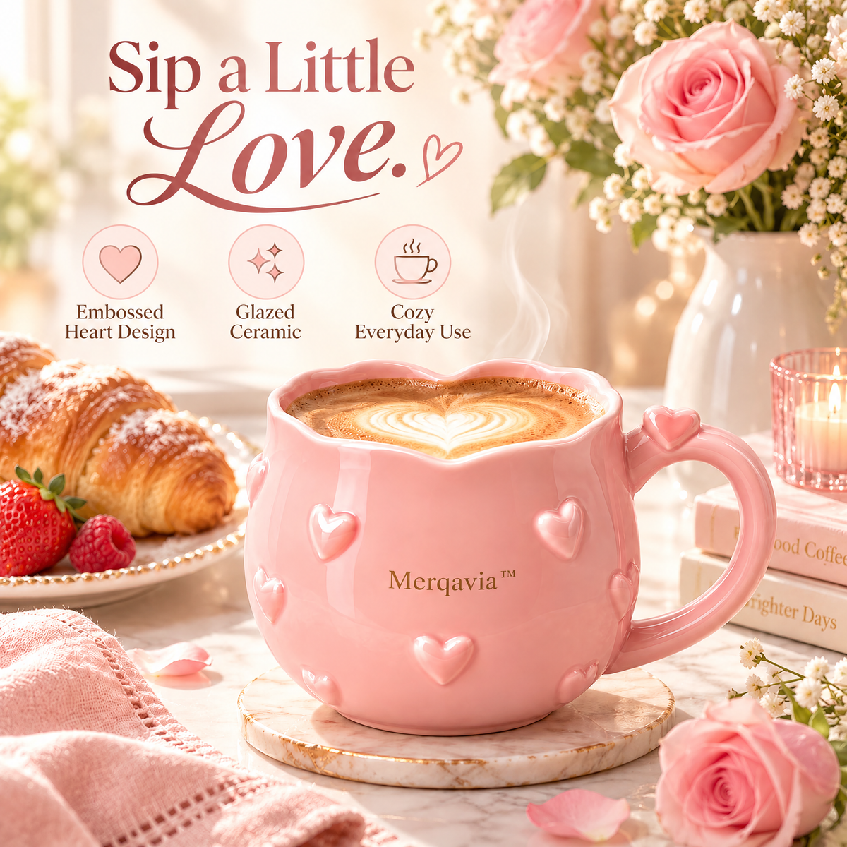 Merqavia™ Blush Heart Embossed Ceramic Mug