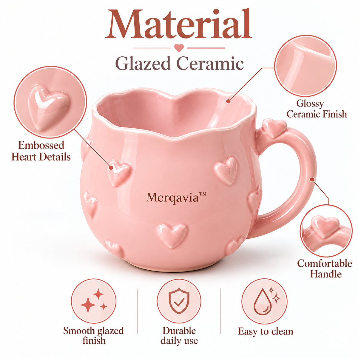 Merqavia™ Blush Heart Embossed Ceramic Mug